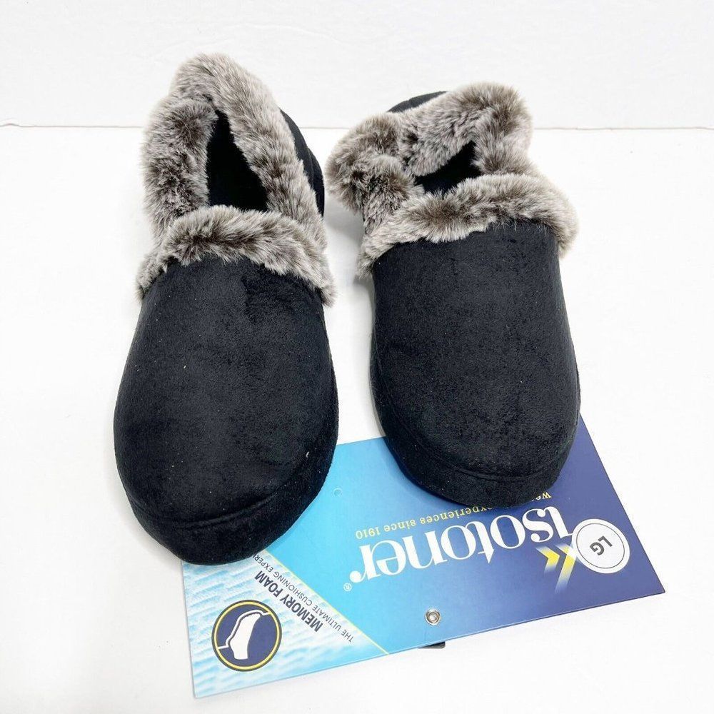 Isotoner Black Loafer Slippers L 8-9 Gray Faux Fur Cushioned Memory Foam Cozy - Picture 3 of 5